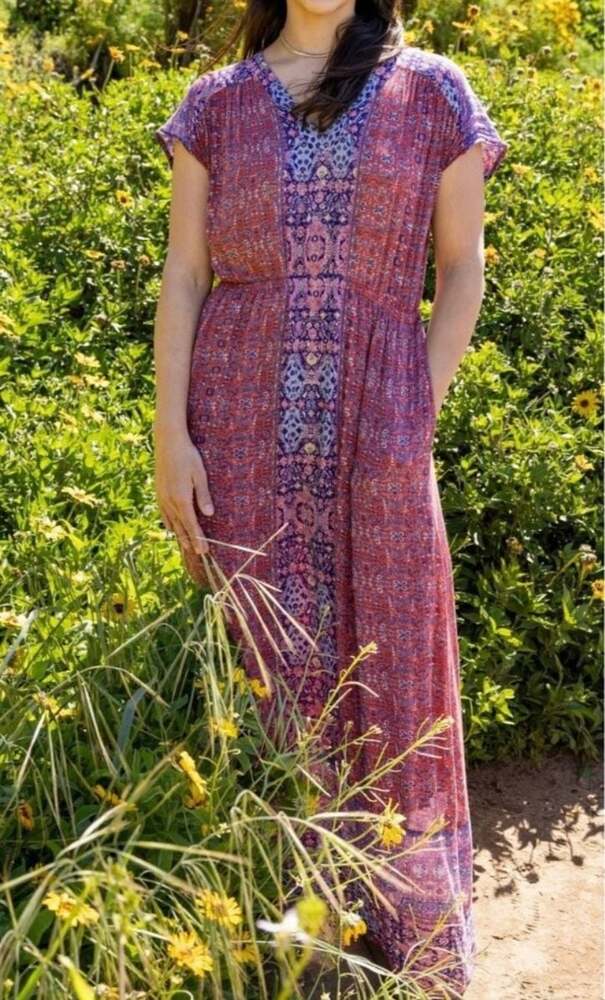 Lucky Brand Boho Floral Maxi Dress  Mixed Print Casual Pockets SIZE XS